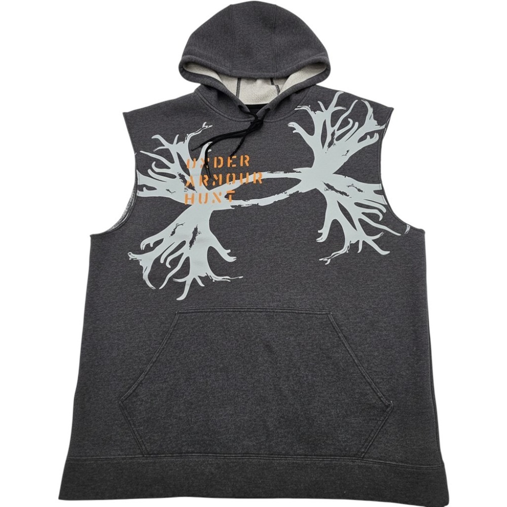 Under Armour Hunt Sleeveless Hoodie Men XL Gray Antler Logo Cut Off Muscle Tee *
